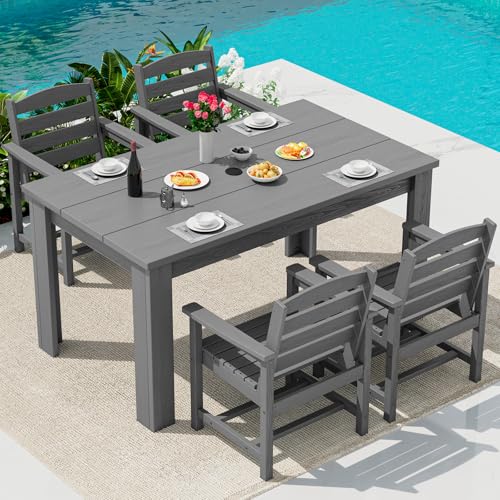 Image of SERWALL 59 inch HDPE Outdoor Dining Set for 4, w / 1 Table & 4 Armchairs, Gray