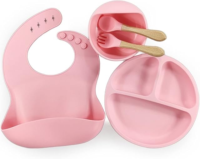 SilverStaar Baby Weaning Set, Silicone Suction Plate Baby, Suction Bowl, Spoon, Fork and Matching Bib - Super Detachable Suction Base Baby Feeding Set for Babies and Toddlers (Pink)