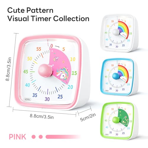 Image of Yunbaoit Visual Timer with Night Light, 60-Minute Unicorn Countdown Timer for Kids and Adults, Time Management Tool for Home, School, Kitchen, or Office (Pink)
