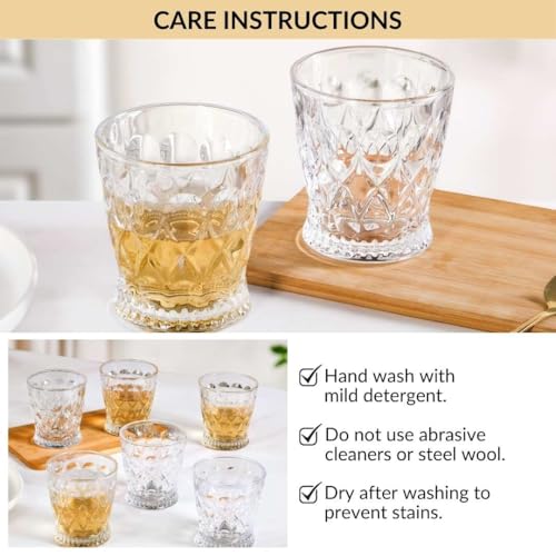 Image of Nestasia Transparent Set of 6 Small Juice Glasses (245 ml Each) - 100% Food Safe & Chip Resistant Embossed Tapering Tumblers - Ideal for Water, Tea, Coffee & Refreshments - Perfect for Gifting