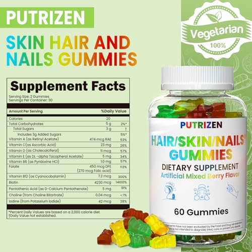 Hair Skin and Nails Gummies, Vegan 5000mcg Biotin Vitamins for Women & Men – Supports Hair Growth, Nail Strength & Skin Health – Non-GMO, 60 Gummies - Image 6