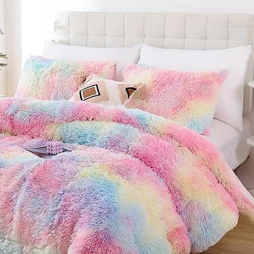 Smoofy Fluffy Queen Comforter Set, Faux Fur Pink Comforter Set Queen Size, Luxury Fuzzy Bedding Set, Soft Shaggy Bed Set for All Season, 3 Pieces - 1 Comforter & 2 Pillowcases, Tie-Dye Pink