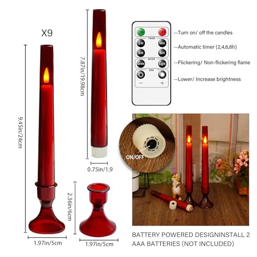 Image of Flameless Taper Candles Flickering with Remote and Timer, 9 Pack Led and Battery Operated Candles for Home Decoration, Party, Weddings, and Holiday Celebrations（Red）