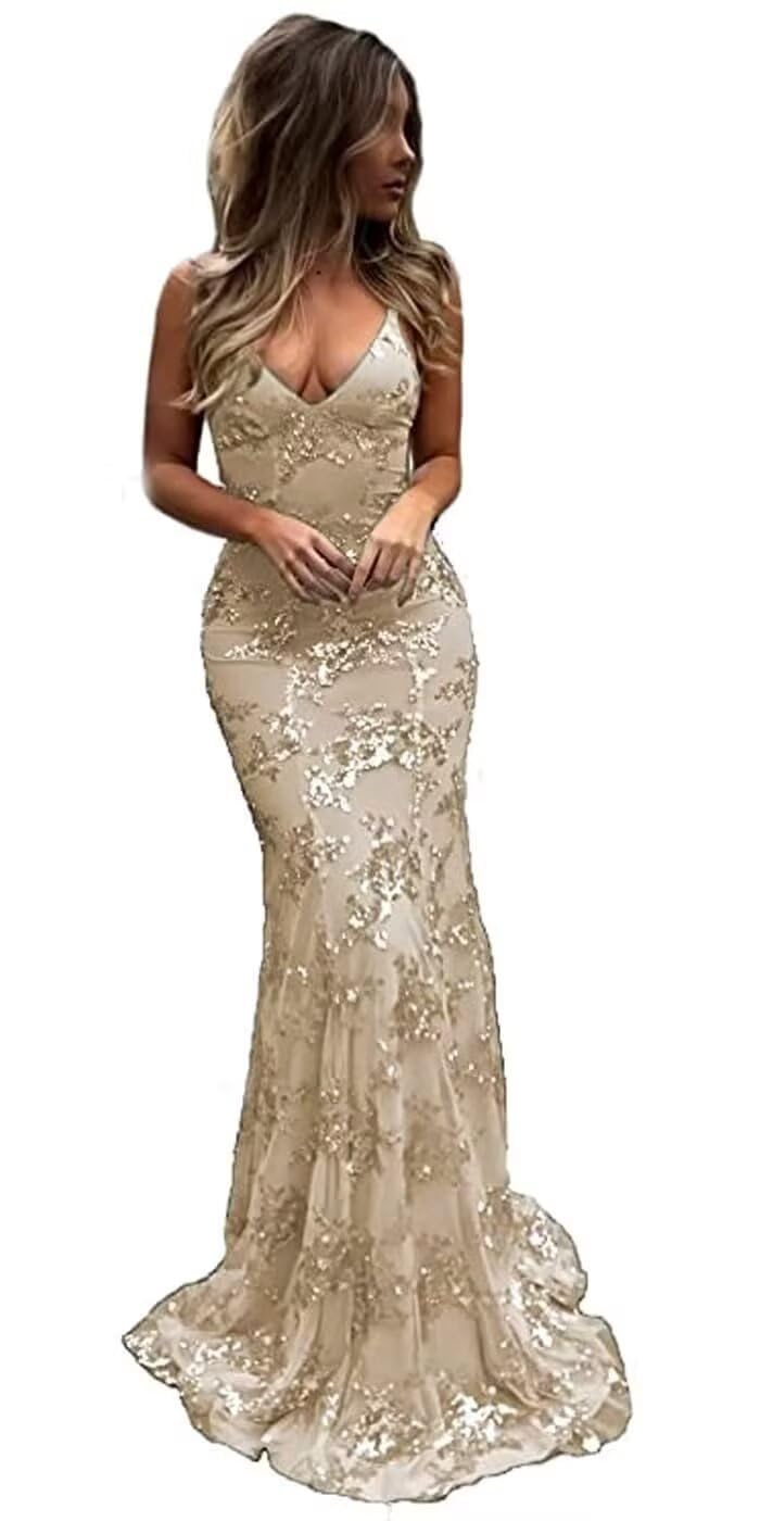 PARPIS Spaghetti Straps V-Neck Evening Formal Sequin Dress Bodycon Mermaid Prom Dresses Long Sweet Tulle Sleeveless Party Gown Champagne