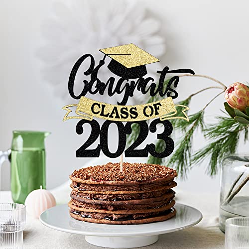 Palasasa Congrats Grad Cake Topper, Class Of 2023 Graduate Party - 2023 High School/College/Senior Graduation Party Glitter Decorations Supplies (Black And Gold) #TOP6
