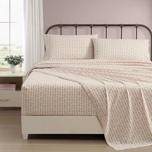 Image of Laura Ashley - Full Size Sheet Set, Crisp & Lightweight Cotton Percale Bedding with Fitted Sheet and Pillowcases, Floral Room Decor, Deep Pocket, College Dorm Room Essentials (Marta Stripe Pink)