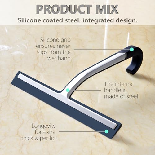 Image of Shower Squeegee for Glass Doors - 10 inch Silicone Squeegee with Built-in Hook, One-Piece Seamless Design, Streak-Free & No-Scratch Window Cleaner for Bathroom, Mirrors & Tiles Black