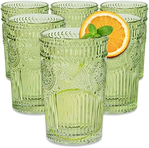 Vintage Textured Sage Green Striped Drinking Glasses Set of 6-13 oz Ribbed Glassware with Flower Design| Cocktail Set, Juice Glass, Water Tumbler