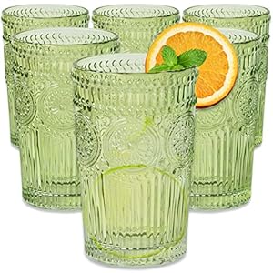 Vintage Textured Sage Green Striped Drinking Glasses Set of 6-13 oz Ribbed Glassware with Flower Design| Cocktail Set, Juice Glass, Water Tumbler