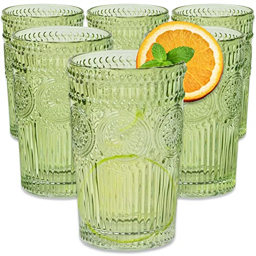 Vintage Ribbed Green Drinking Glasses Set of 6-13 oz Embossed Glass Cups for Water, Iced Tea, Cocktails – Colored Glassware for Kitchen, Vintage Tumblers, Cute Glass Cups, Boho Drinkware