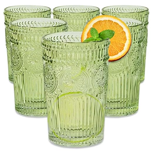 Vintage Textured Sage Green Striped Drinking Glasses Set of 6, Ribbed Flower Design, 13 oz Cocktail Water Tumblers Glassware Set
