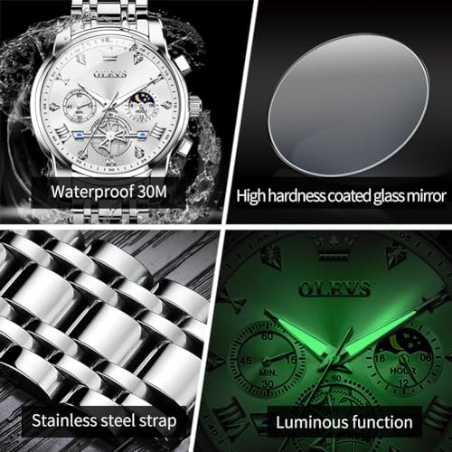 Image of OLEVS Watches Men Waterproof Luxury Big Face Mens Watch Stainless Steel Quartz Analog Dress Watches for Men Luminous Multifunction Man Watch Relojes De Hombre