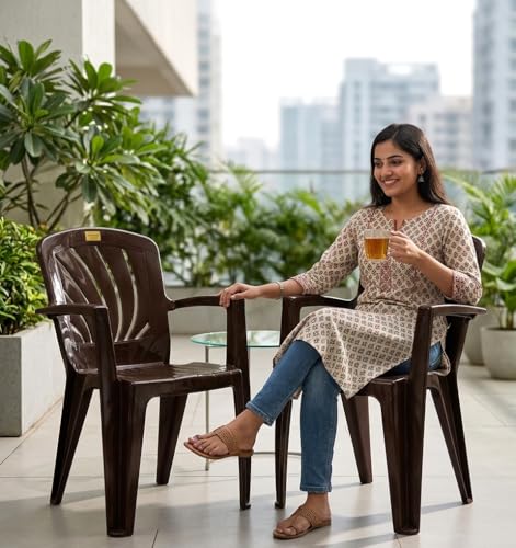 Image of Patiofy Plastic Chair for Home & Outdoor Use | Heavy Duty Comfortable Chair with Strong Legs | Stackable, Easy to Clean | Suitable for Living Room, Balcony, Patio Pack of 2 (Elba Brown)