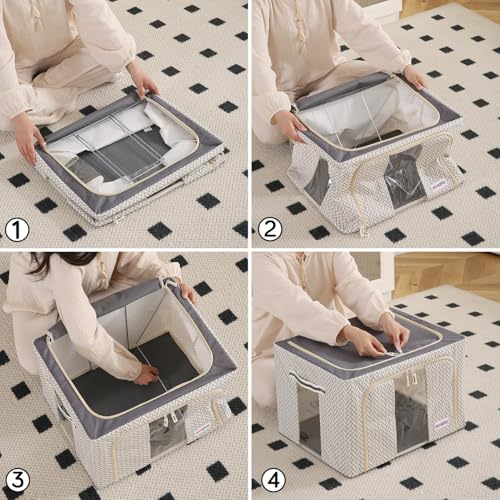 Image of HOKIPO Wardrobe Organizer Storage Box | Foldable Cloth Storage Boxes with Metal Frame & Window | 600D Oxford Fabric | 24L, Pack of 1 Cream Mist (AR-5927-OWHT)