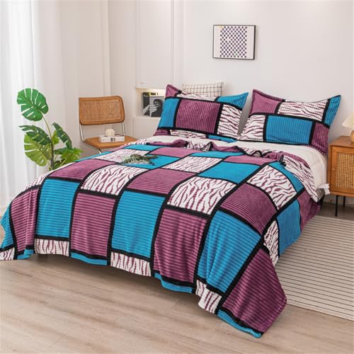 Hixingo Coperta in Pile di Flanella Super Morbida e Calda, Coperta Plaid Patchwork in Microfibra, Coperte per Divano, Letto Single Matrimoniale, Camera da Letto, Ufficio (Blu Rosa,150x200cm)