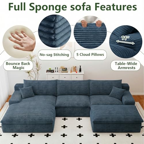 Image of 107 inch Cloud Couch Modular Sectional Sofa for Living Room, U-Shape Boneless Couch with Deep Seat, Modern Corduroy 3-Seater with Ottoman, No Assembly Required (Blue,Left-Facing Chaise)