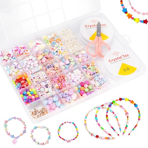 Carehabi Perle pour Bracelet Enfant Fille, Kit Perles Bijoux, Coffret Perles Set avec Cordon Elastique, Creation bracelets d'amitié Colliers pour Noël...