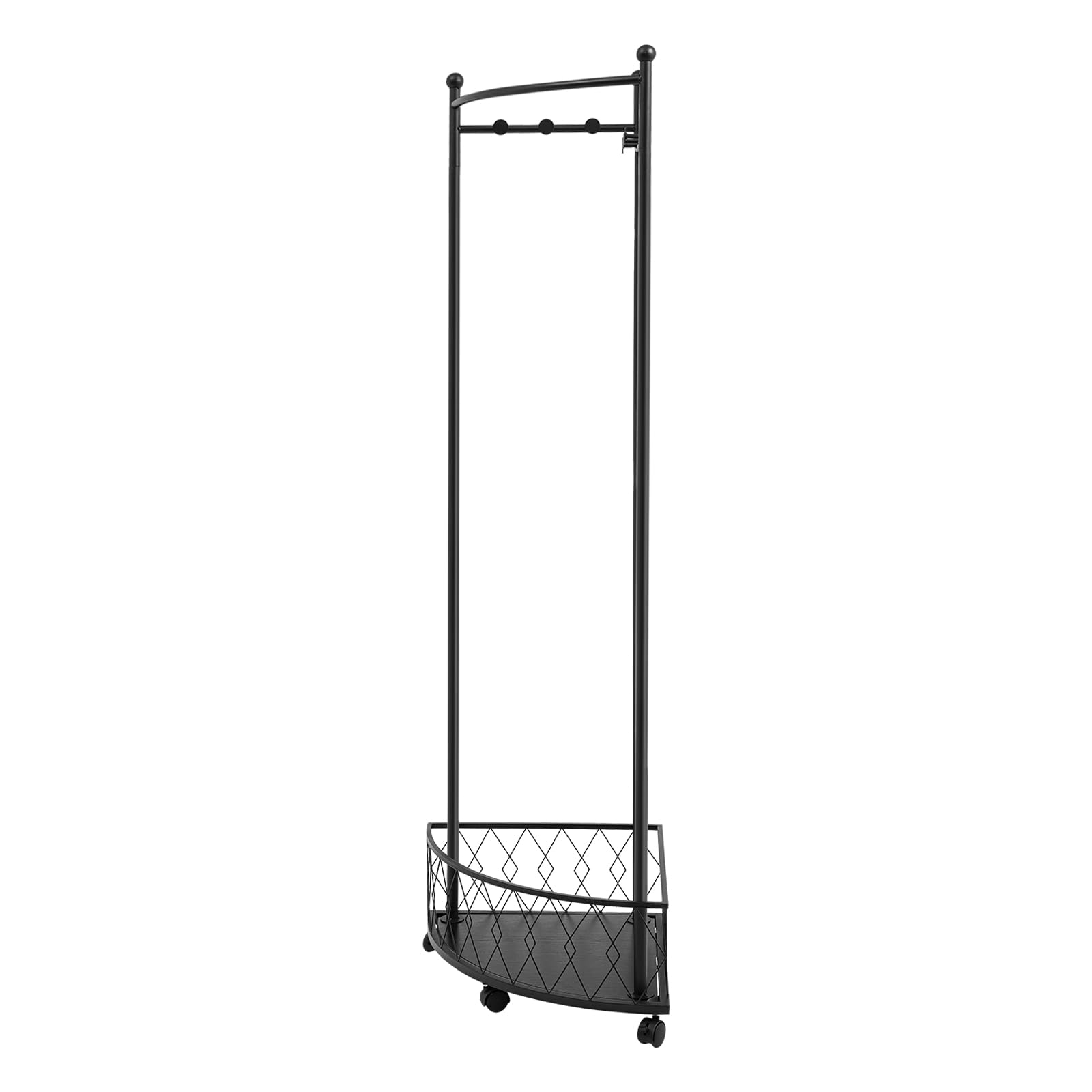 Perchero móvil con cesta de almacenamiento, perchero de esquina de metal con 4 ruedas, perchero de esquina independiente con 6 ganchos para ropa, sombreros, bolsos, pasillo, entrada (negro)