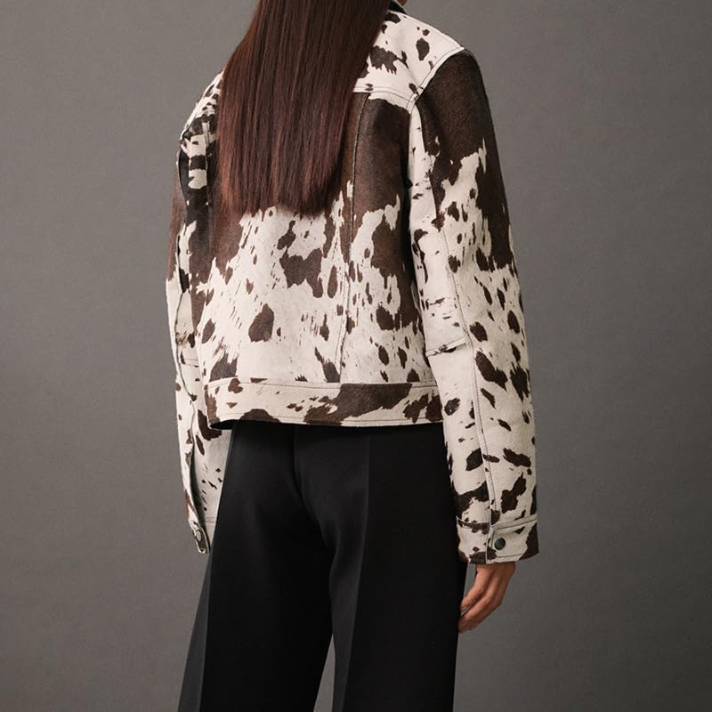 NIFTRIRY Cow Print Leather Trucker Jacket Women's Short Denim Style Fashion Jacket2