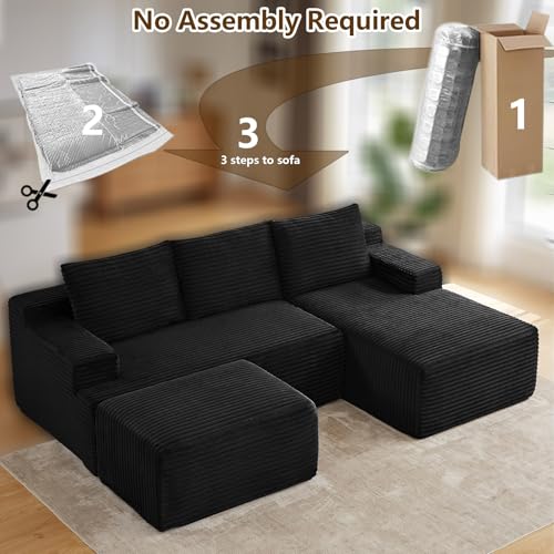 Image of 96 inch U-Shape Cloud Couch, Modern Modular Sectional L-Shape Sofa with Ottoman, Corduroy Upholstered Couches Deep Seat Sleeper Chaise Longue for Living Room, No Assembly Required(Black, Right Facing)