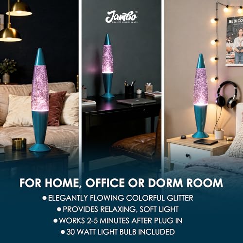 Image of JAMBO 16 inch Beautiful Blue and Silver Glitter Lamp- Relaxing Mood Lighting, Night Light Nightlight, Home Decor Living Room Office Bedroom Lamp for Adults Teens Kids Glitter
