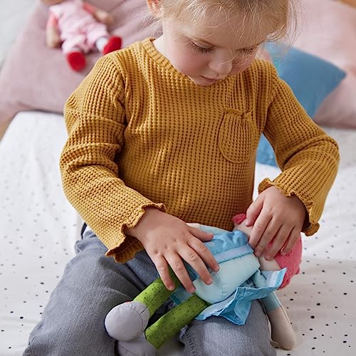 Image of HABA Snug Up Philine - 10 inch Soft Doll with Embroidered Face, Pink Pigtail and Removable Blue Dress - Machine Washable - Perfect First Doll and Stuffed Cuddle Companion for 18 Months and Up