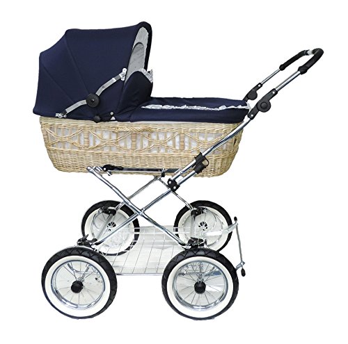EICHHORN Weidenkorb Kinderwagen Korb Weiß Stoff Marine