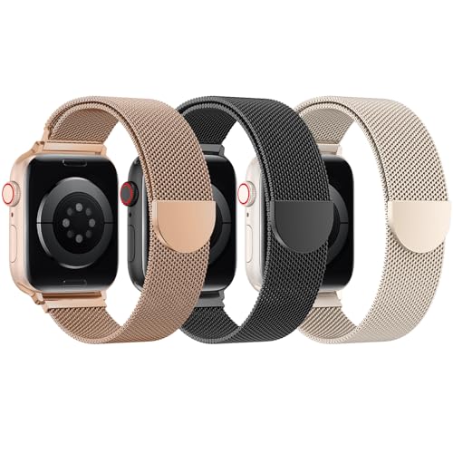 BELONGME 3 Pack Mesh Loop Compatible with Apple Watch Bands for Women Men 40mm 41mm 38mm 42mm 44mm 45mm 49mm 46mm Series 11 10 9 8 7 6 5 4 Ultra3 SE3 2, Stainless Steel Metal Magnetic Strap for iWatch