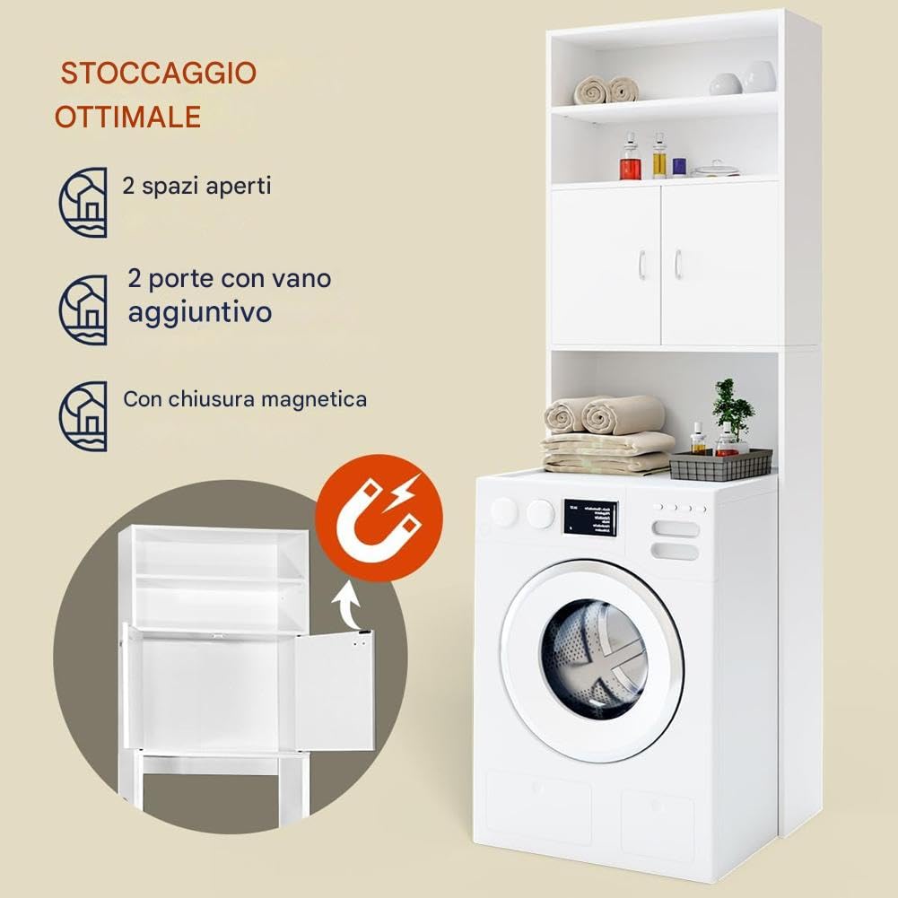 BAKAJI Mobile per Lavatrice da Bagno Lavanderia Salvaspazio, Mobiletto Armadio a Colonna, 3 Mensole e 2 Ante, Armadietto Legno Bianco per Corridoio, Design Minimal, Ripiano Capiente, 63 x 20 x 185 cm