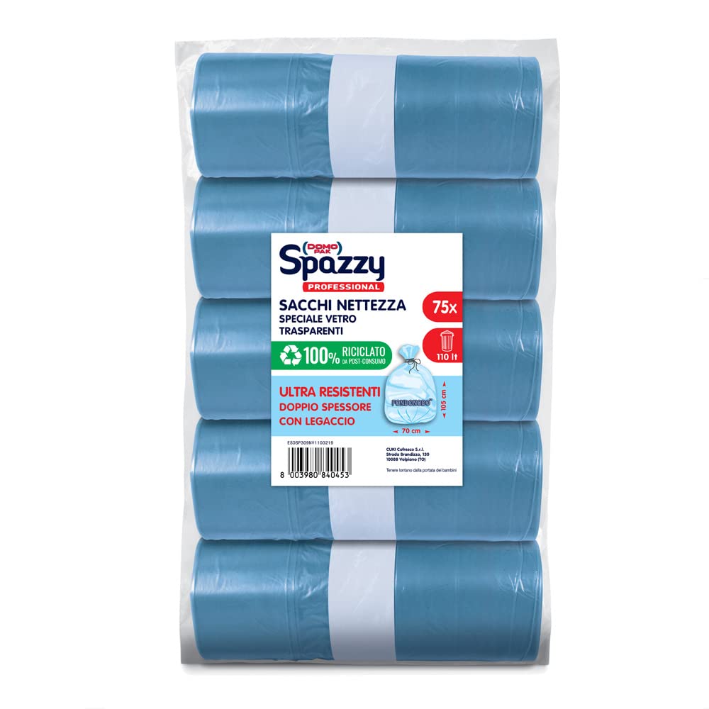 Domopak Spazzy Professional Sacco per Raccolta Differenziata Speciale Vetro, 110 lt, Azzurro Trasparente, 5 Confezioni da 15 pezzi
