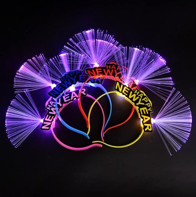 Losuya 4pcs Happy New Year Headband with LED Fiber Optic New Year Eve Hair Hoop Light Up Head Bopper, Random Color