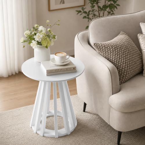 HNY Round Fluted End Table, 19.7" Modern White Side Table, Mid Century Wood Circle Bedside Tables Drink Table Nightstand for Bedroom, Living Room, Small Space