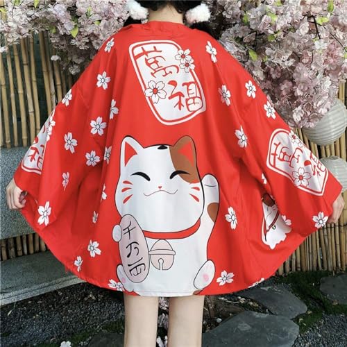 Image of LAI MENG FIVE CATS Women's Lucky Cat Cardigan Kimono Loose Cover up Casual Blouse Cute Tops