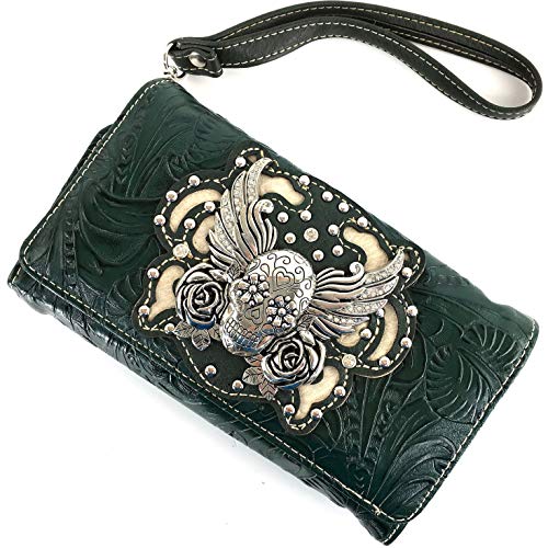 Zelris Sugar Skull Roses Angel Wing Women Crossbody Wrist Handle Trifold Wallet2