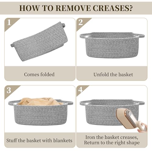 Image of Small Gift Basket Empty, Woven Rope Basket for Nursery, 13x10x5in | Soft storage basket with reinforced handles. boo basket with toys, towels or treats for baby showers & holidays. Grey