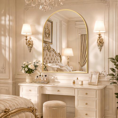Image of 31 inchx32 inch Arched Gold Bathroom Mirror - Metal Framed with HD Shatter-Proof Glass, Wall-Mounted for Over Sink, Entryway, Living Room, Bedroom