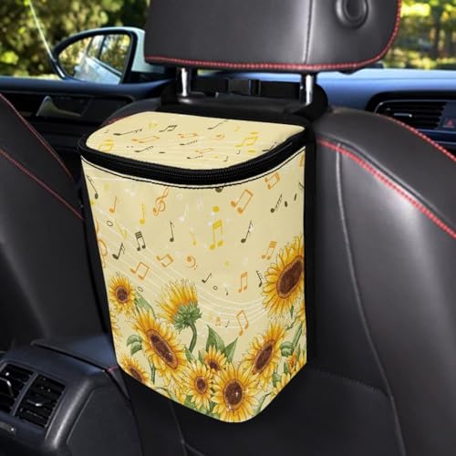 Image of Talayituse Sunflower Music Note Print Car Trash Bin, Large Size Auto Trash Can Adjustable Portable Garbage Can with Lid, Vehicle Hanging Bag for Headrest Front Back Seat