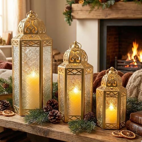 VELA LANTERNS Set of 3 Clear Glass & Gold Metal Moroccan Candle Lantern Holders (XL, Large, Small) - Decorative Indoor/Outdoor Decor for Patio, Floor, Weddings & Ramadan by Vela Lanterns - Image 2