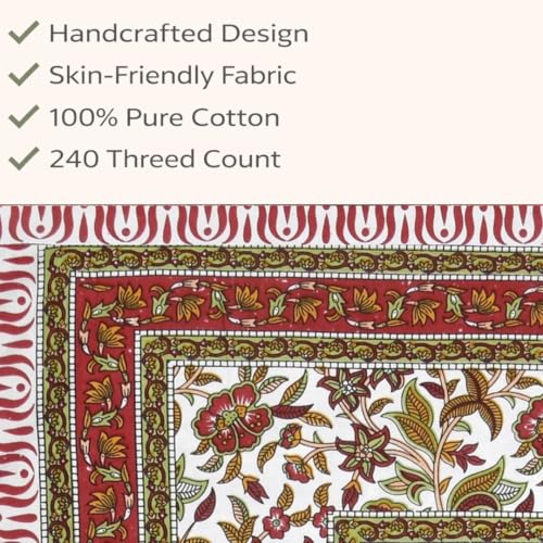 Image of elanorhomes 100% Cotton 240 TC Single Bed Sheet Set | Floral Hand Printed Bedsheet with Pillow Cover | Soft Breathable Fabric for Bedroom | 60x90 Inches (Scarlet Tide)