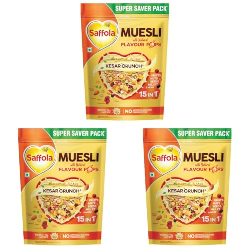 Image of Saffola Muesli Kesar Crunch with Flavour Pops, 700 gm | 15 in 1 Fruit and Nuts, Seeds, Millet & more | Cereals for breakfast rich in wholegrain, protein, fibre (Pack of 3)