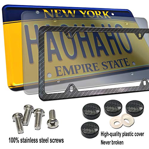 Fbjtdq License Plate Cover Frame- Carbon Fiber Car Tag Holder And Flat Smoked Shield, Tinted Novelty Unbreakable Protector, With Stainless Steel Screws #TOP6