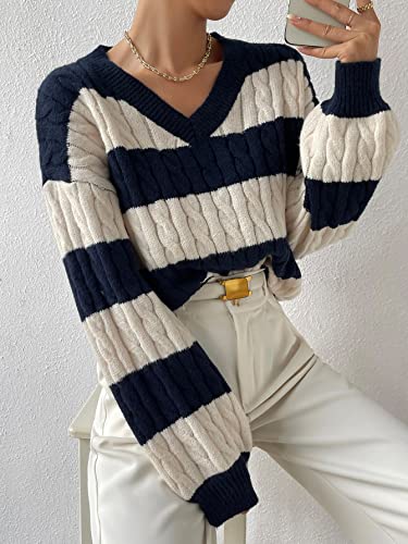 Image of SHENHE Women's Oversized Cable Knit Colorblock V Neck Striped Long Sleeve Sweater Pullover Multicolor XS
