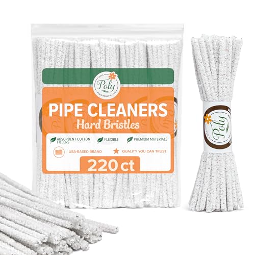 220 Count - Hard Bristle Pipe Cleaners Bulk | Great for Scrubbing Straws Tubes Tight Spaces | Nylon Bristles for Extra Scrub | Absorbent Cotton | Pipe Cleaners for Cleaning | Thick Pipe Cleaners
