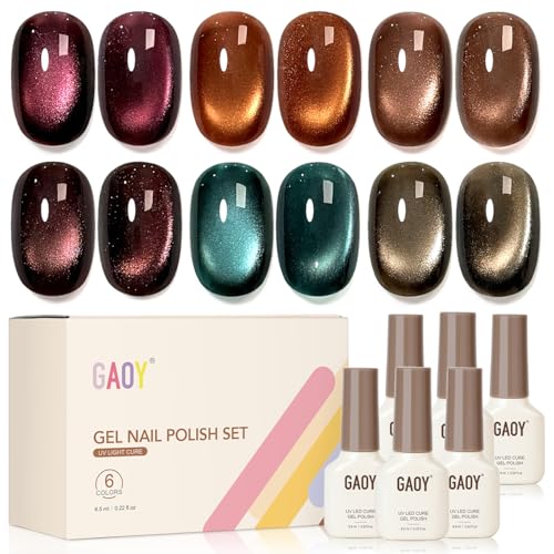 GAOY Glitter Cat Eye Gel Nail Polish Set with Magnet, 6 Colors Br...