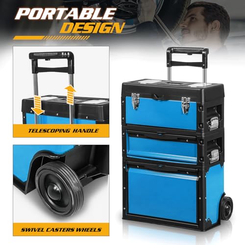 Image of Magshion Heavy-Duty Rolling Tool Box, 3-Tier Stackable Tool Chest System with Wheels & Drawers, Modular Organizer for Small Parts and Tools, Mobile Garage Workshop Storage in Black /Blue