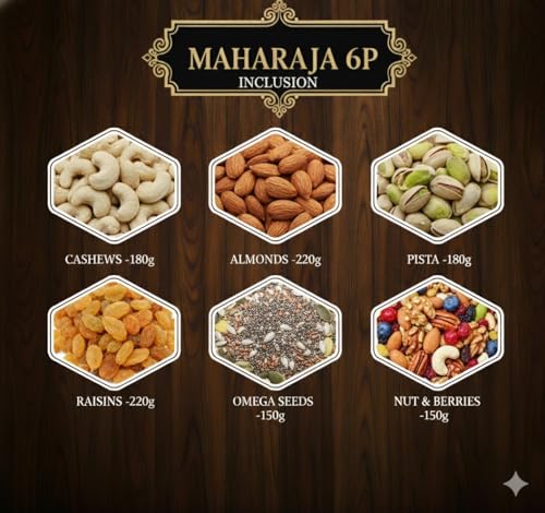 Image of Browntree Maharaja-6P (1100Gms) | 6 in 1 Combo Pack - Almonds, Cashews, Pista , Raisins, Omega Seeds & Nut Berries with Decorative Flower Vase | Healthy Dry Fruits & Nuts | Festival & Corporate Gifts | Ideal Gift Box for all celebration