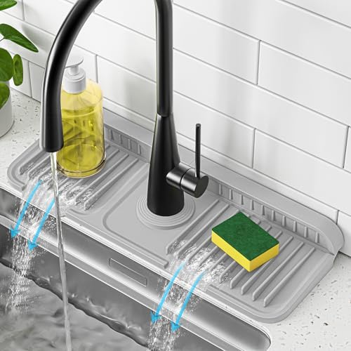 Image of PoYang 14.6 inch Faucet Mat for Kitchen Sink Splash Guard, 7 Slope Silicone Sink Water Splash Guard for Kitchen Sink Area with Snap, Long Sink Protectors for kitchen Sink Sponge Holder, Light Grey