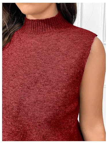 Image of OYOANGLE Women's Plus Size Mock Neck Wrap Hem Sweater Vest Sleeveless Split Asymmetrical Hem Pullover Tops Burgundy X-Large Plus