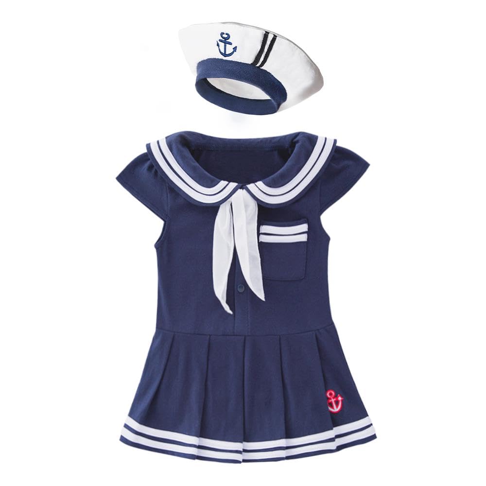 Lito Angels Sailor Costume for Girls Nautical Navy Outfit with Hat Cute Marine Onesie Dress Kids Fancy Dress for Halloween World Book Day School Party Age 3-6 Months, Navy