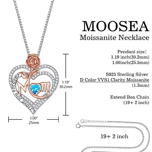 Moosea Mom Necklace From Daughter, Moissanite Side Stone S925 Sterling Silver Heart Birthstone Necklace Rose Double Heart Mothers Day Gifts For Mom Wife Daughter Grandma Birthday Gifts For Women #TOP5